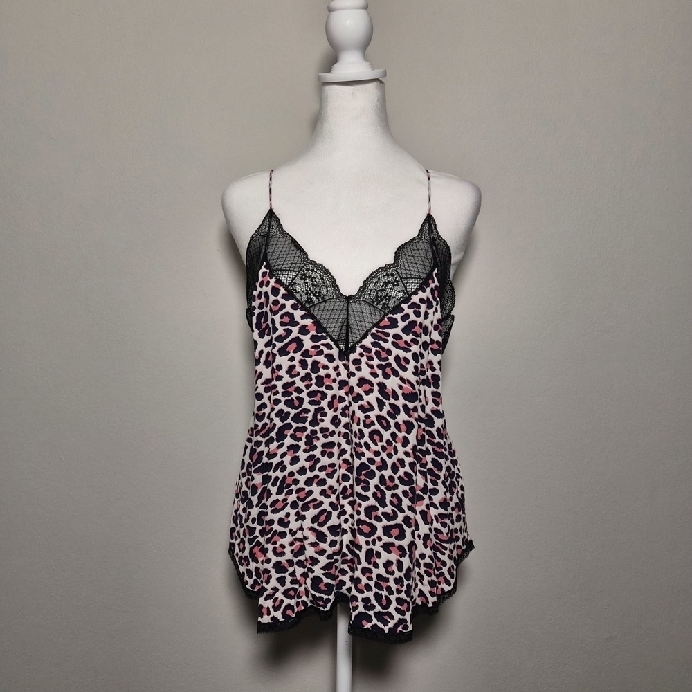 Zadig Voltaire Pink & White Leopard Lacey Leo Print Christy Coquette Tank Top M
